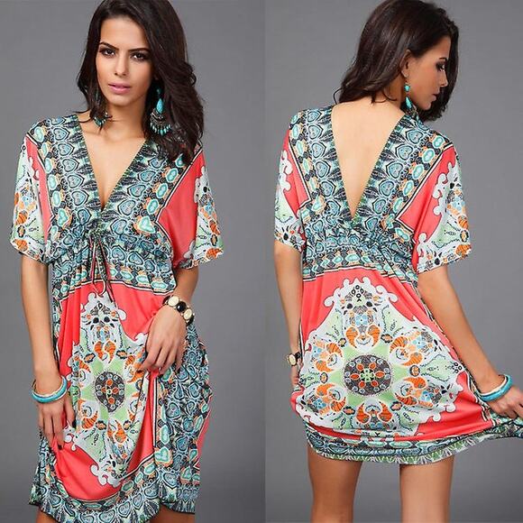 MLJY Women's Boho V-Neck Milk Silk Summer Beach Coverup Dress Size L Multicolor - Picture 1 of 6